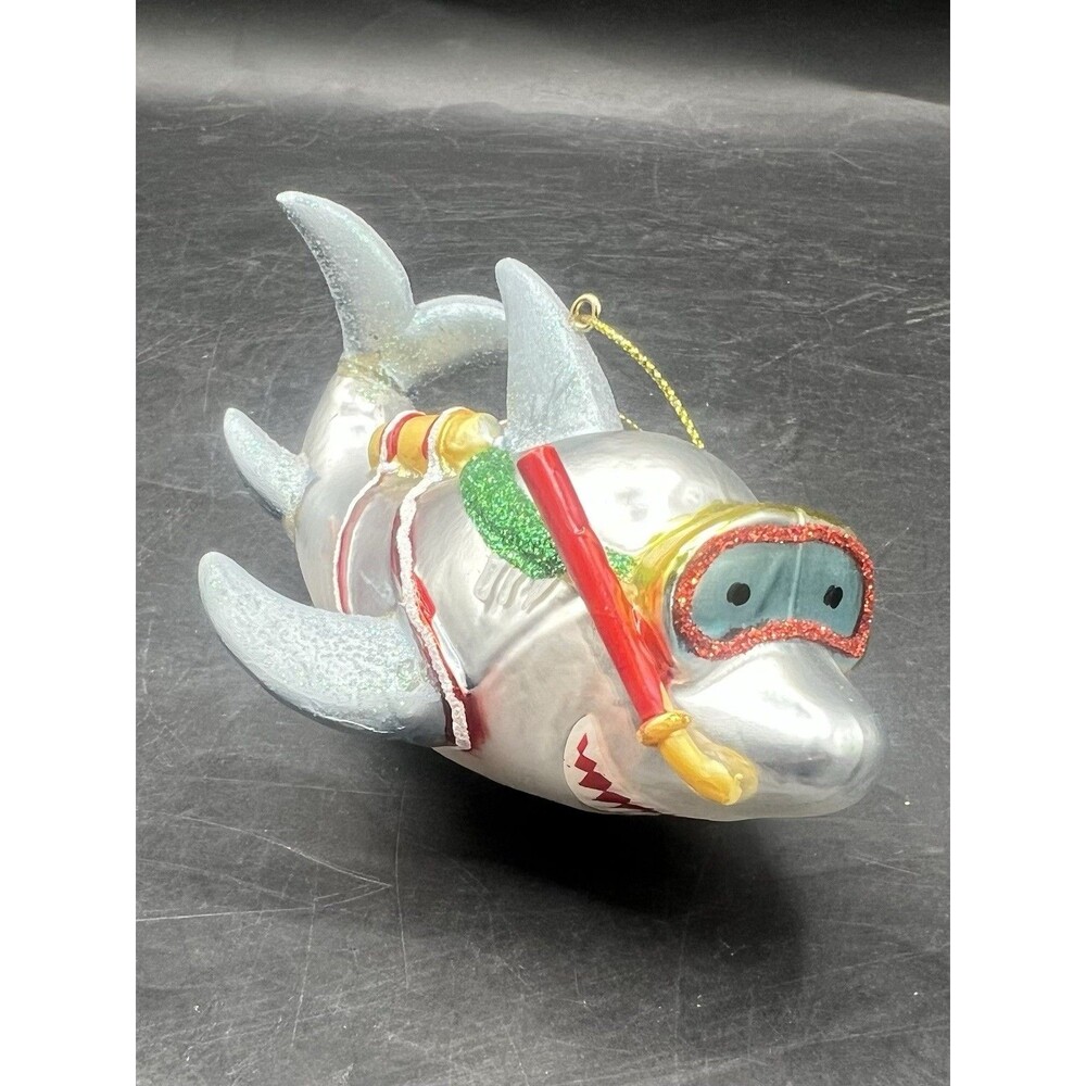Shark Snorkeling Christmas Ornament Blown Glass 5” Ocean Beach Holiday Decor